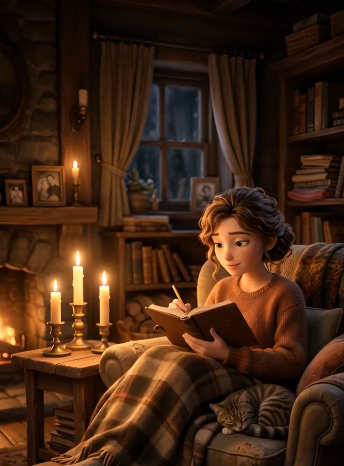 Mujer leyendo el ebook junto a velas en ambiente acogedor